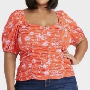 Ava & Viv Coral Floral Ruched Puff Sleeve Blouse